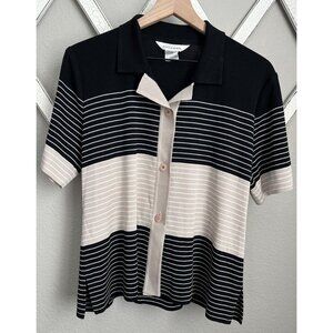 Exclusively Misook Women's L Button Down Short Sleeve Collared Top Striped